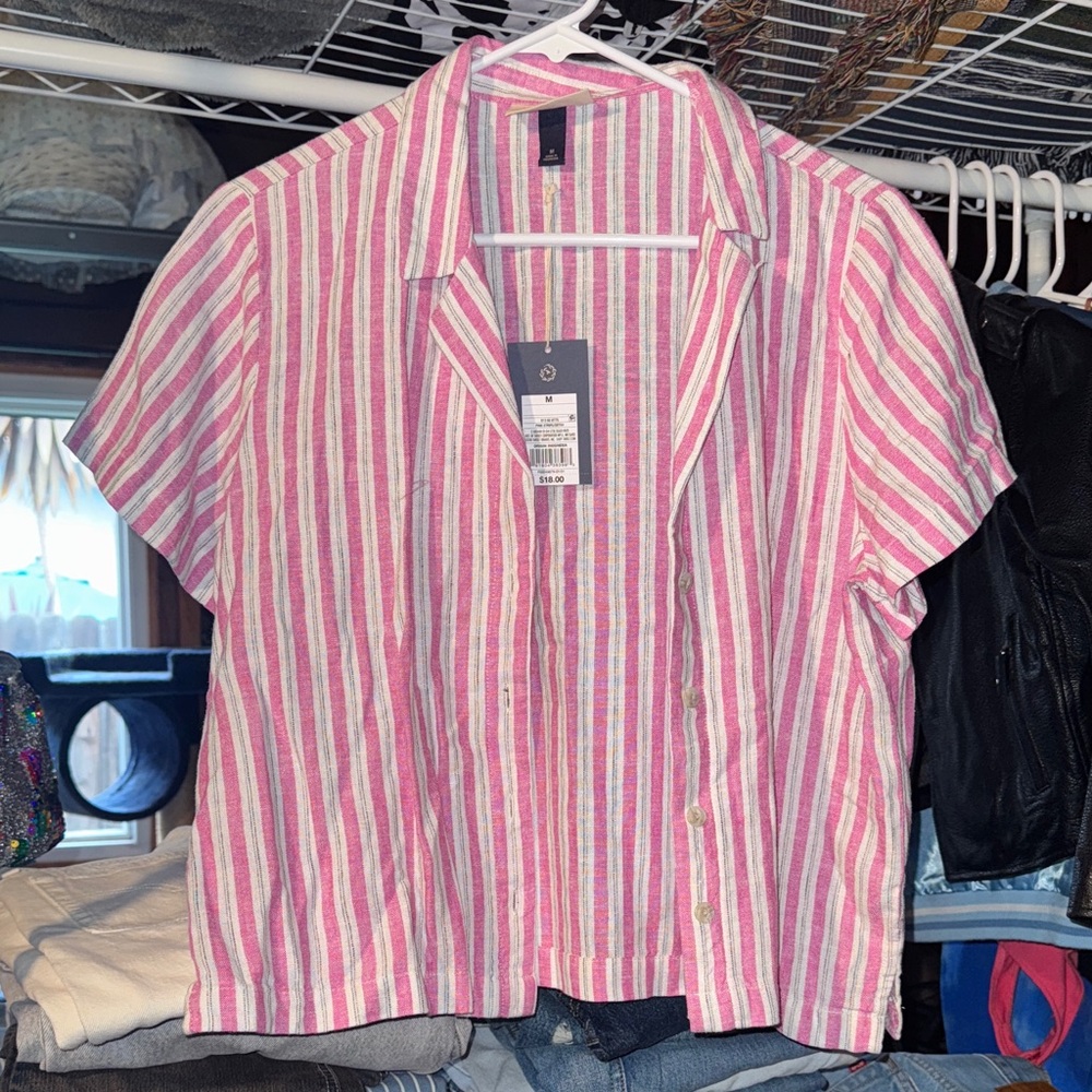 Women's Universal Thread Cropped Linen Shirt Sleeve Shirt Pink White Size M